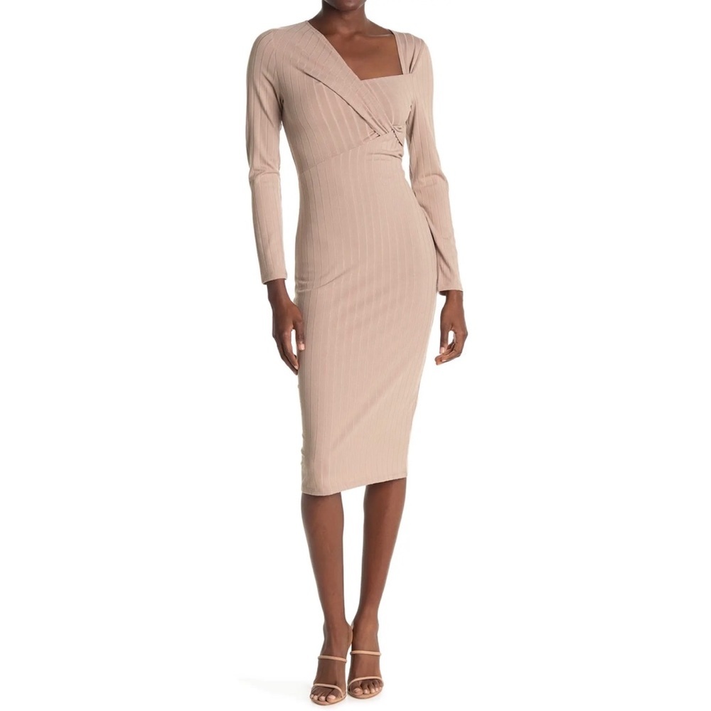 ASTR Nude Beige Twist Front Wide Ribbed Midi Dress‎